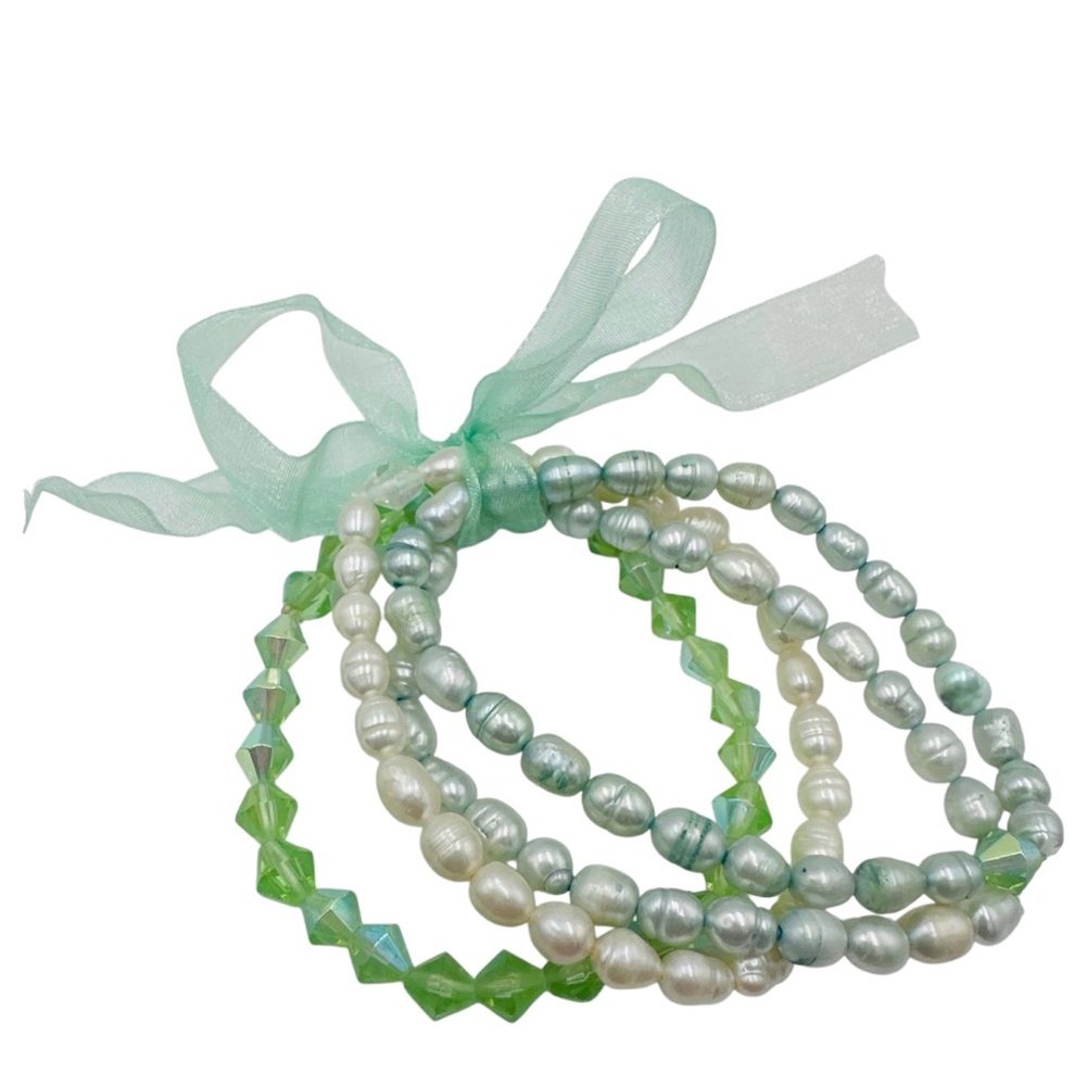 Cultured Pearl & Crystal Glass Green Stretch Bracelets - Set of 4